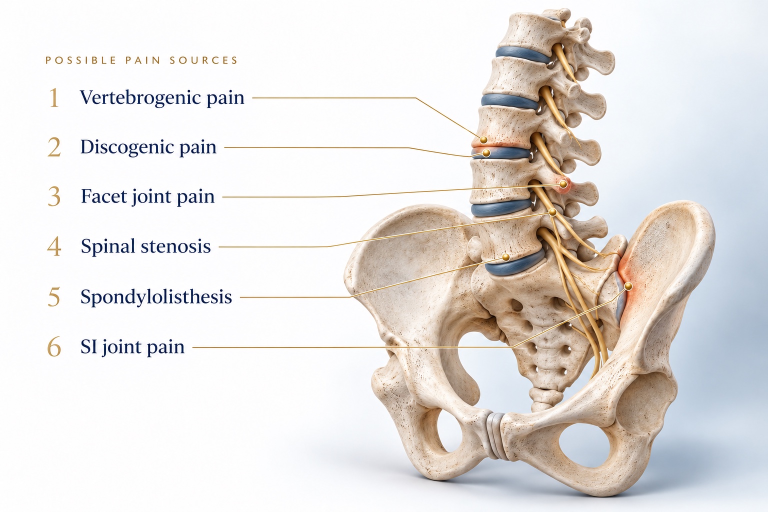 Six possible overlapping spinal pain sources: vertebrogenic, discogenic, facet joint, spinal stenosis with thickened ligamentum flavum, L4 over L5 spondylolisthesis, and sacroiliac joint pain.